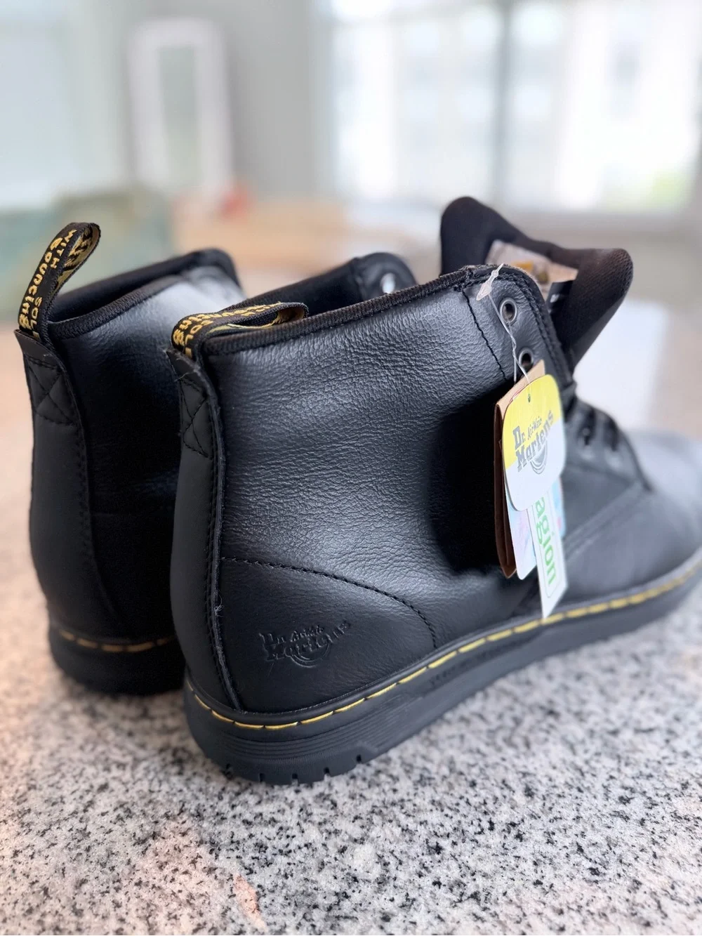 Dr. Martens Black Leather Lace-Up Ankle Boots with Yellow Stitching